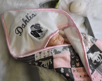 Personalized Pink Horse Hooded Baby Towel- Cowgirl Pink and Gray Baby Girl Gift, Western Personalized Baby girl  shower gift