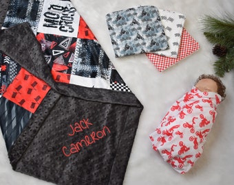 Personalized Motocross Blanket, baby boy gift- dirt bike gift, motorcycle minky blanket, Motocross baby gift, swaddle blanket, burp cloths