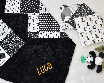 Personalized minky Blanket, Panda Bear blanket, baby boy gift set- Panda lover-Newborn Baby Gift-burp cloths-Pacifier Holder