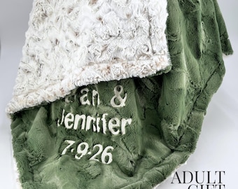 Personalized Embroidered Blanket Custom Name Wedding Date Anniversary Gift Couple Throw Sherpa Cozy Minky Soft Green Embroidery grandma gift