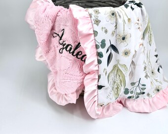 Personalized Baby Blanket Custom Embroidery Name Gift Baby Shower Present Idea Nursery Decoration Floral Design Minky Fabric Satin Trim