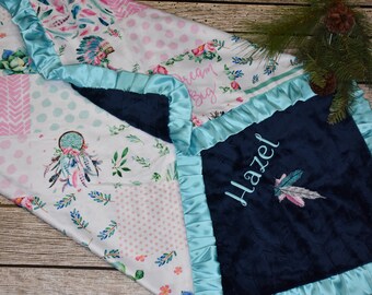 Personalized baby gifts-Navy and Teal Dreamcatcher Baby girl minky blanket-Pink dreamcatcher baby girl shower gift, Tribal baby gift