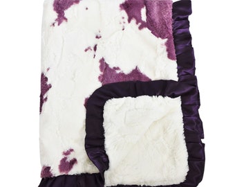 READY TO SHIP-Purple Cow girl Baby girl minky blanket, quick ship purple and ivory cowhide baby girl blanket, western baby girl shower gift