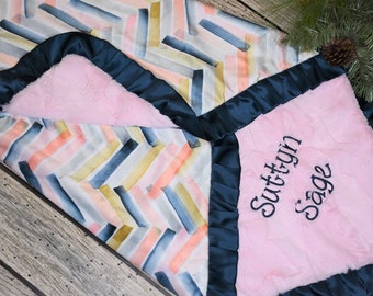 Personalized Pink and Navy Chevron Baby girl Minky Blanket, Pink baby girl shower gift, Coral baby blanket, Chunky baby blanket