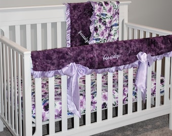 Purple Floral minky baby blanket, Personalized baby crib railcover, Floral Minky crib sheet, Personalized Blanket for girl, floral girl gift
