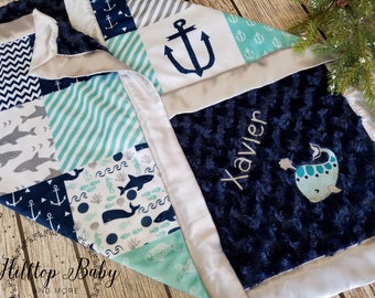 Nautical Personalized baby boy blanket-Blue and Gray Whale nursery- Nautical baby boy shower gift, Personalized baby gift