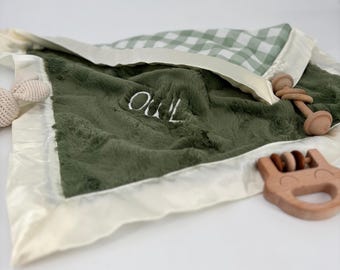 Personalized Baby Blanket Sage Green Gingham Minky Baby Shower Gift Security Blanket Custom Nursery Decor Soft Newborn Photo Prop Keepsake