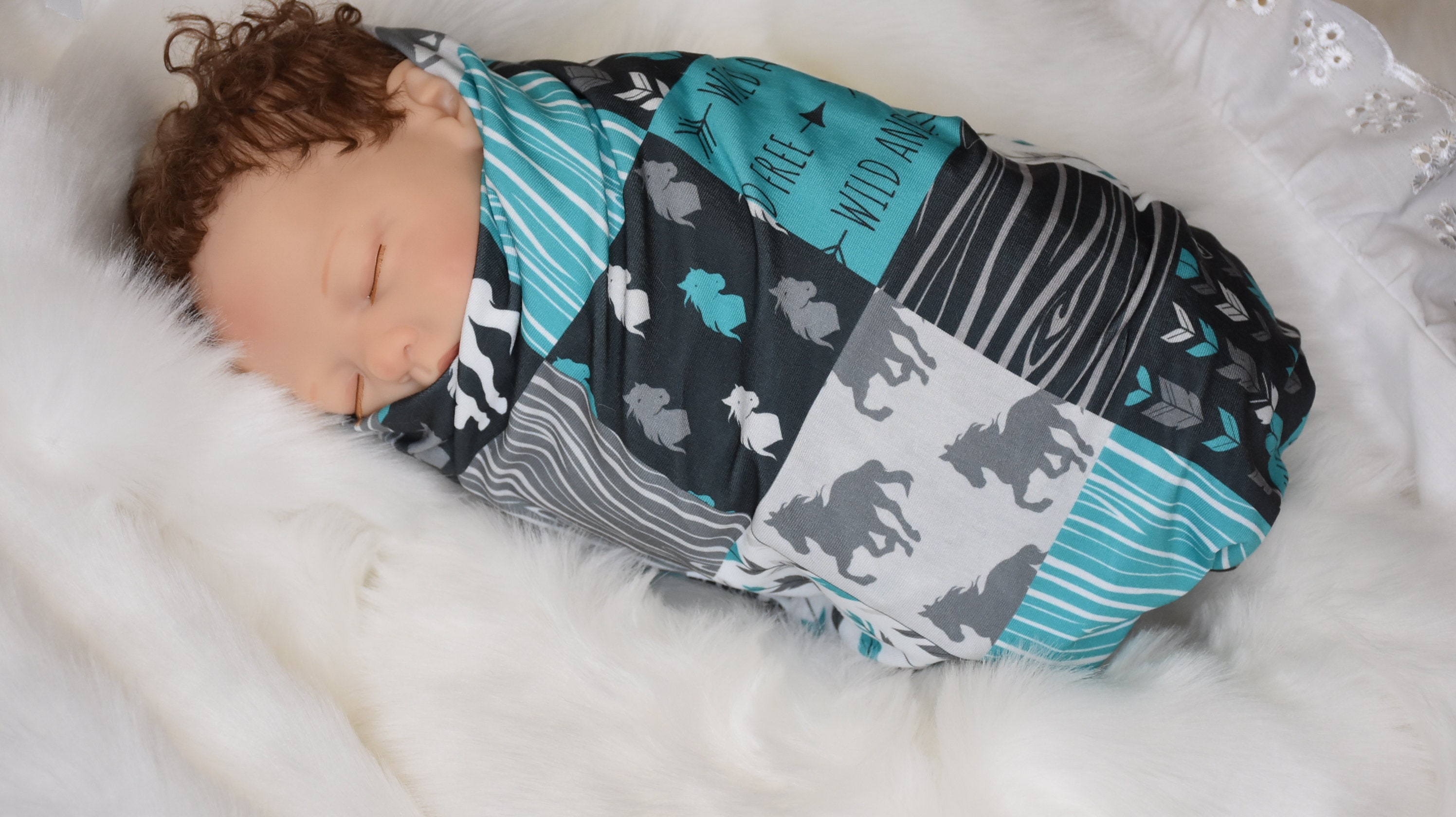 Knit Swaddle Blanketbaby boy Teal Western Horse swaddle blanketcowboy