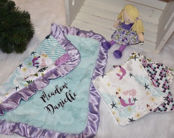 Personalized Baby Gift- Purple Mermaid for baby, floral baby girl blanket- -Soft Toy for baby girl- Rag Doll baby girl shower- burp cloths