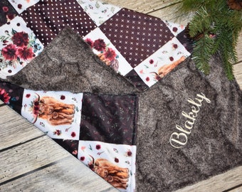 Personalized Merlot Highland Cow Baby Girl Minky blanket Country baby girl minky baby Personalized baby gift Farm baby girl shower gift