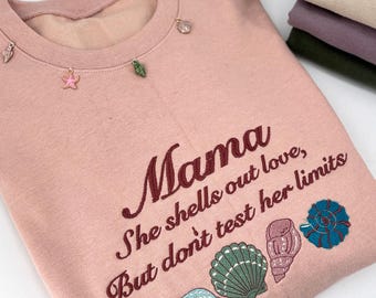 Beach Mom Sweatshirt Coastal Mama Seaside Gift Maternity Top Ocean Theme Surfer Mother Vacation Comfort Casual Wear Embroidered Shell Design