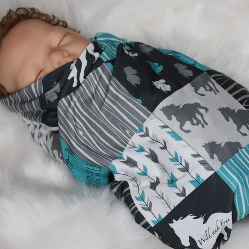 Knit Swaddle Blanketbaby Boy Teal Western Horse Swaddle Etsy