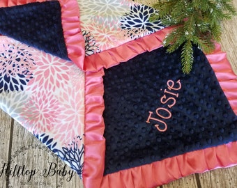 Personalized Baby Gift, Coral and Navy Personalized Floral Baby Girl Blanket, Coral Boho baby girl shower gift; Adult Minky Blanket