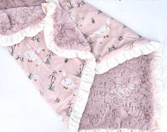 Goose Personalized girl Pink Baby Blanket Toddler Baby Girl Gift Baby Shower Gift Nursery Blanket Duck Pattern Pink Minky blanket Satin Trim