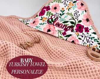 Personalized Floral Baby Hooded Turkish Towel Cotton Infant room Toddler Bath accessory New Mom Baby Gift Soft Absorbent baby towel organic