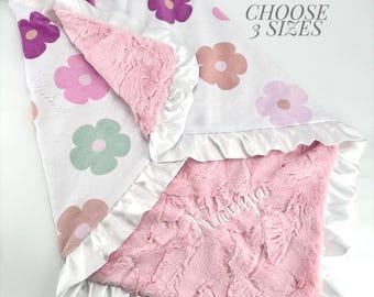 Retro Floral Personalized girl Pink Baby Blanket Toddler Baby Girl Gift Baby Shower Gift Nursery crib Blanket Minky blanket Satin Trim