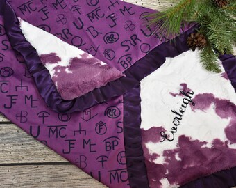 Western personalized Purple Cattle Branding girl minky Blanket- cowgirl baby shower gift, Pony Calf Print Country baby girl shower gift