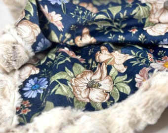 Personalized Baby Blanket Navy Floral Vintage Nursery Wrap Infant Swaddle Soft Crib Cover Custom Minky Gift Child Keepsake Present