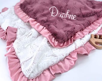Personalized Baby Blanket Baby Girl Blanket Baby Girl Nursery Decor Baby Shower Gift Idea Custom Blanket Satin Trim Ruffle Edge Minky Fabric