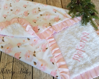 Personalized girls blanket, Floral baby blanket, minky baby blanket-personalized baby gift, Pink baby blanket, soft baby blanket girl