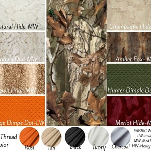 May include: A chart showing different fabric swatches with names and descriptions. The swatches include Natural Hide-MW, Champagne Hide-MW, Snowy Owl-MW, Amber Fox-MW, Fawn Print-MW, Hunter Dimple Dot-LW, Orange Dimpe Dot-LW, and Merlot HIde-MW. The chart also includes a section for Satin/Thread Color with swatches for Rust, Tan, Black, Ivory, and Charcoal. The chart also includes a section for Fabric Weight with the following descriptions: LW-It weight, MW-Med Weight, HW-Heavy Weight.