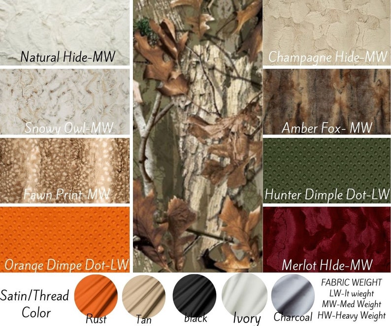 May include: A chart showing different fabric swatches with names and descriptions. The swatches include Natural Hide-MW, Champagne Hide-MW, Snowy Owl-MW, Amber Fox-MW, Fawn Print-MW, Hunter Dimple Dot-LW, Orange Dimpe Dot-LW, and Merlot HIde-MW. The chart also includes a section for Satin/Thread Color with swatches for Rust, Tan, Black, Ivory, and Charcoal. The chart also includes a section for Fabric Weight with the following descriptions: LW-It weight, MW-Med Weight, HW-Heavy Weight.