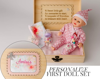 Personalized first doll birthday gift for girl heirloom trunk doll keepsake for baby doll grandma gift for baby Christmas gift nana toy idea