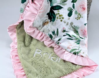 Customizable Baby Blanket Personalized Gift Plush Minky Floral Print Shower Newborn Soft Receiving Embroidered Name Keepsake Infant Throw