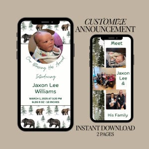 Faire-part de naissance numérique Woodland Design ours carte de naissance bébé garçon modèle personnalisé cadeau nouveau-né douche téléchargement d'image numérique