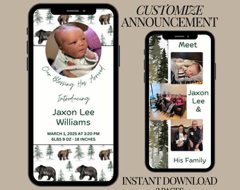 Digital Newborn birth Announcement Woodland Design Bear Birth Card Baby Boy Custom Template Newborn Gift Shower Digital Image Download