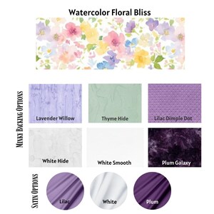 Soft Minky Fabric Baby Blanket Watercolor Floral Print Lavender Purple Satin Trim Ruffle Edge Detail Plush Comfort Blanket Double Sided Infant Security Blankie Crib Bedding Custom Nursery Bedding Set Baby Girl Shower Gift Premium Soft Touch