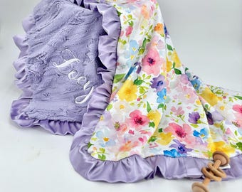 Minky Blanket Baby Gift for Nursery Bedding Set Custom Watercolor Floral Girl Shower Lavender Satin Trim Ruffle Edge Comfort Blankie Infant