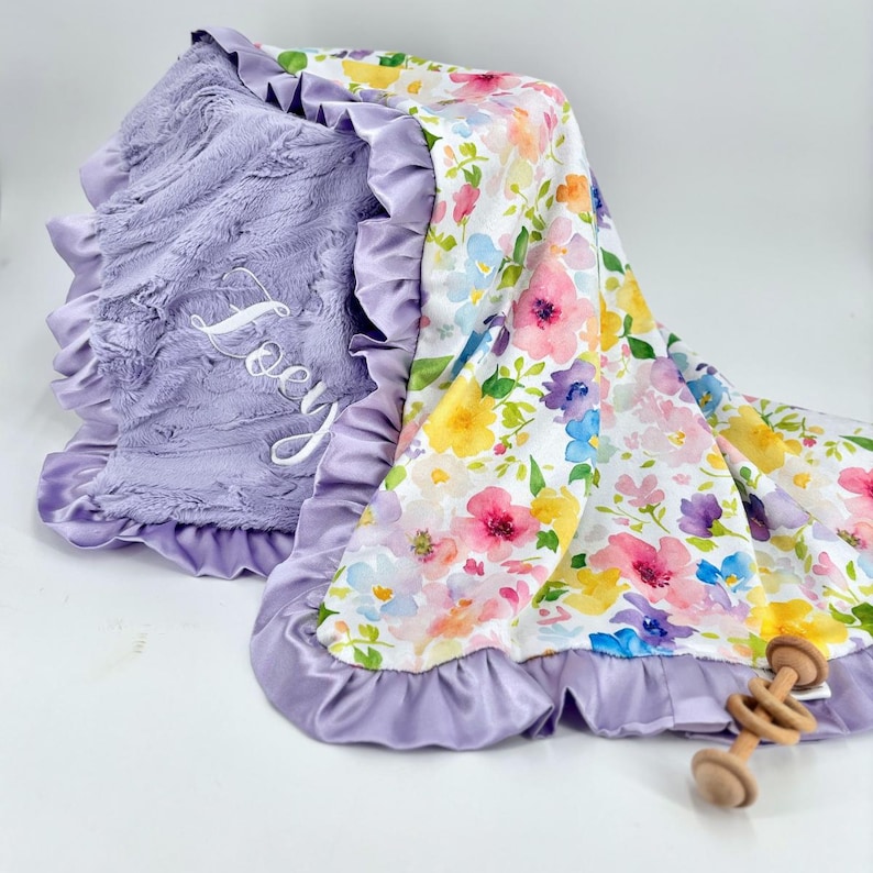 Minky Baby Blanket Gift For Nursery Bedding Set Custom Watercolor Floral Design Lavender Purple Satin Trim Ruffle Edge Soft Touch Comfort Fabric Double Sided Plush Baby Girl Shower Present Newborn Infant Crib Bedding Custom Nursery Room