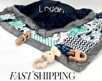 Personalized Baby Blanket Nautical Baby Gift Custom Name Minky Baby Blanket Security Blanket Baby Shower Gift Newborn Keepsake Maritime
