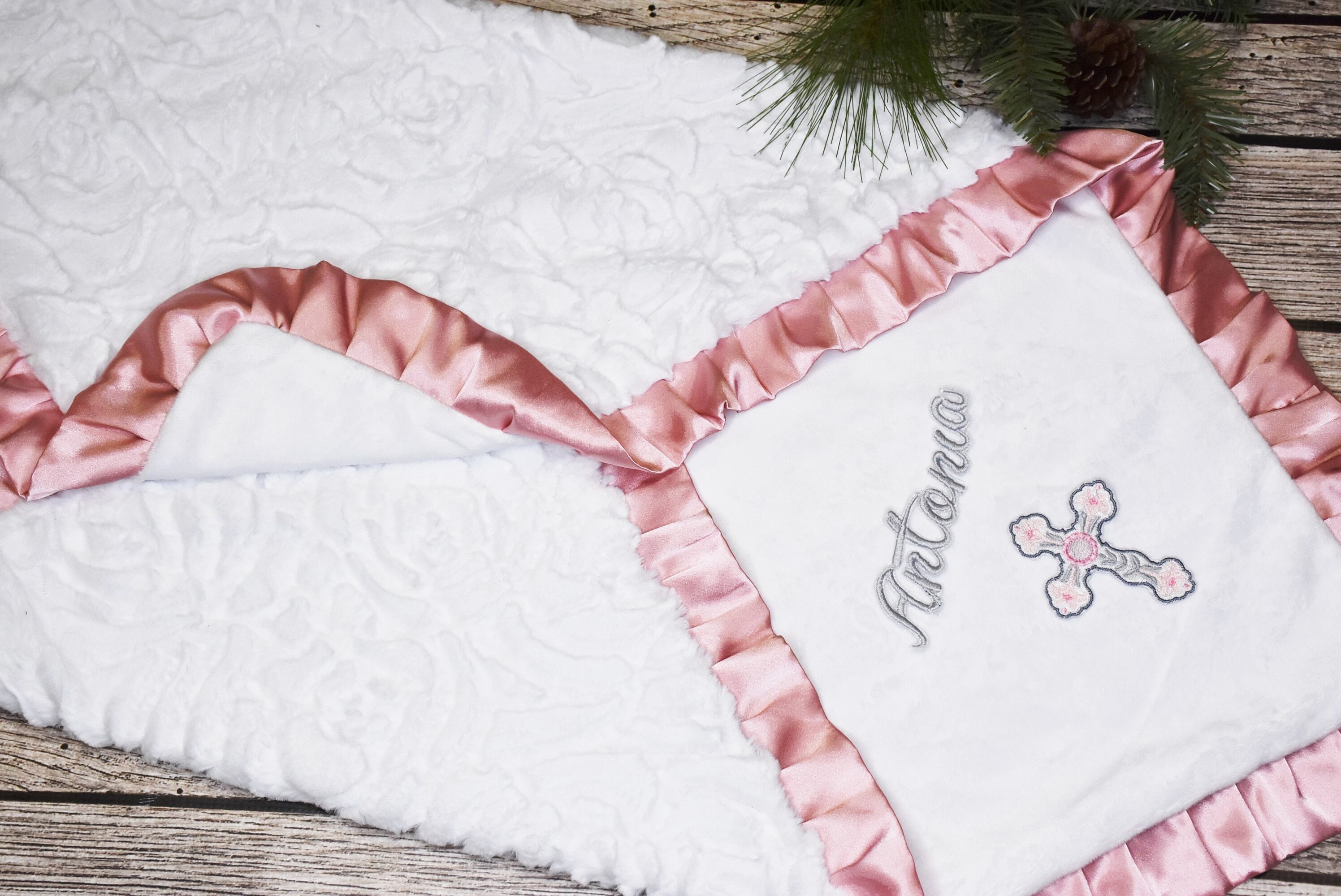 White Personalized Custom Baptism Baby Girl minky BlanketWhite and