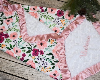 Boho Coral Personalized baby girl blanketwatercolor floral baby girl gift Personalized baby gift Boho Spring Flower baby girl nursery