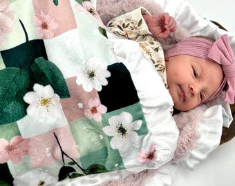 Personalized pink and sage green floral minky blanket soft pink rose baby blanket regency inspired vintage floral newborn baby gift heirloom