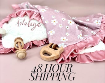 Personalized Baby Blanket Minky Security Blanket Baby Shower Gift Custom Name Satin Trim Newborn Keepsake Comfort Nursery Stroller Photo