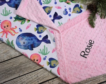 Personalized Sea Creature Baby Girl MInky Blanket, Nautical baby blanket for girl, Blue White baby blanket, Coral and Pink Girl Baby gift