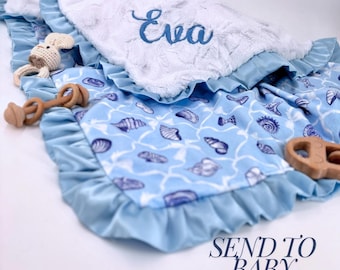 Blue coastal girl Baby Blanket Baby Shower Gift Newborn Girl Soft minky Satin Trim blanket handmade Seashell baby Photo Prop Toddler gift
