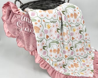 Pink floral Baby girl Blanket with name Girl baby Shower Gift toddler Blanket Boho personalized soft Minky blanket Satin Trim handmade gift