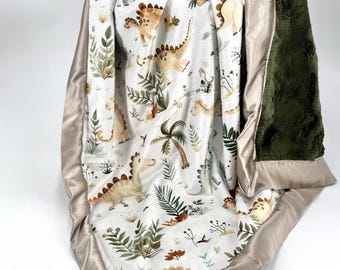 Dinosaur Baby Blanket Minky Personalized Custom Throw Plush Dinosaur Nursery Bedding Green Prehistoric Accessory Satin Trim Toddler Nap