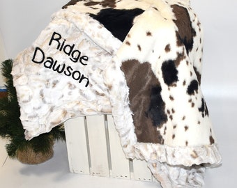 Personalized minky blanket for baby boy handmade Cowhide blanket for Cowboy nursery baby boy Western horse blanket gift blanket with name