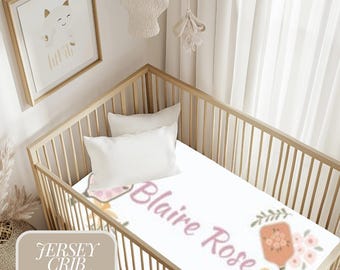 Personalized Baby Bedding for Nursery Name Decor Pink Floral Girl Bed Fitted Sheet Jersey Knit Crib Bedding Pickleball Theme Deep Pockets