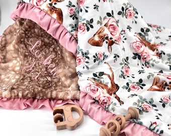 Personalized Woodland baby girl blanket Deer Baby blanket floral blanket for baby girl fawn minky blanket baby girl deer blanket