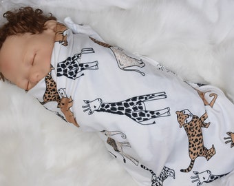 Knit Swaddle Blanket- Baby boy Safari swaddle blanket- Giraffe, Lion, Tiger, elephant baby shower gift