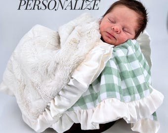 Personalized Baby Blanket Sage Green Gingham Minky Baby Shower Gift Security Blanket Custom Nursery Decor Soft Newborn Photo Prop Keepsake