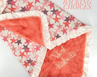 Personalized starfish baby blanket with name embroidery ocean baby shower gift girl custom newborn blanket beach theme nautical soft blanket