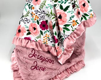 Personalized Floral Baby girl blanket newborn gift custom baby shower present first birthday girl gift custom embroidered baby sprinkle gift