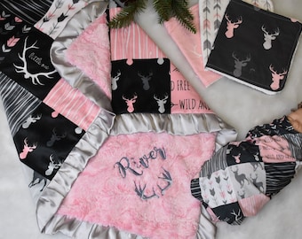 Pink and Gray Deer Baby Girl Personalized Minky Blanket Gift set, Woodland Baby GIRL Shower gift, Pink woodland baby blanket